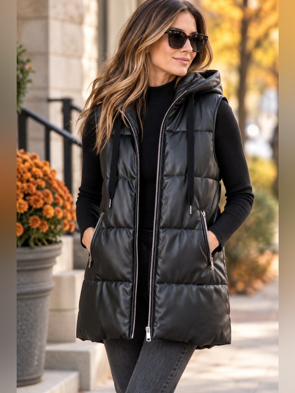 Vigoss Women’s S Black Faux Leather Hooded Long Puffer Vest